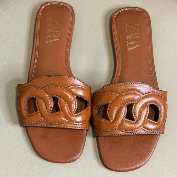 ZARA Raised Detail Brown Leather Slides. Size EU 37/US 6.5 - Picture 11 of 12
